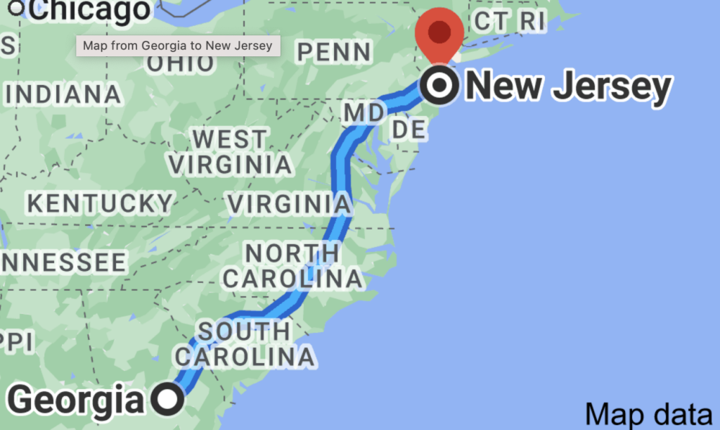 Map Showing Travel from Georgia to New Jersey